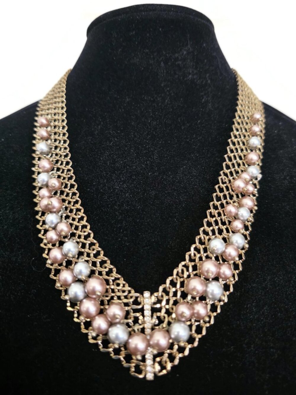 Vintage Givenchy Gold Tone Mesh Bib Necklace Pink Silver Faux Pearls